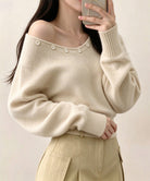 オフショルダー ニットトップス韓国風秋服