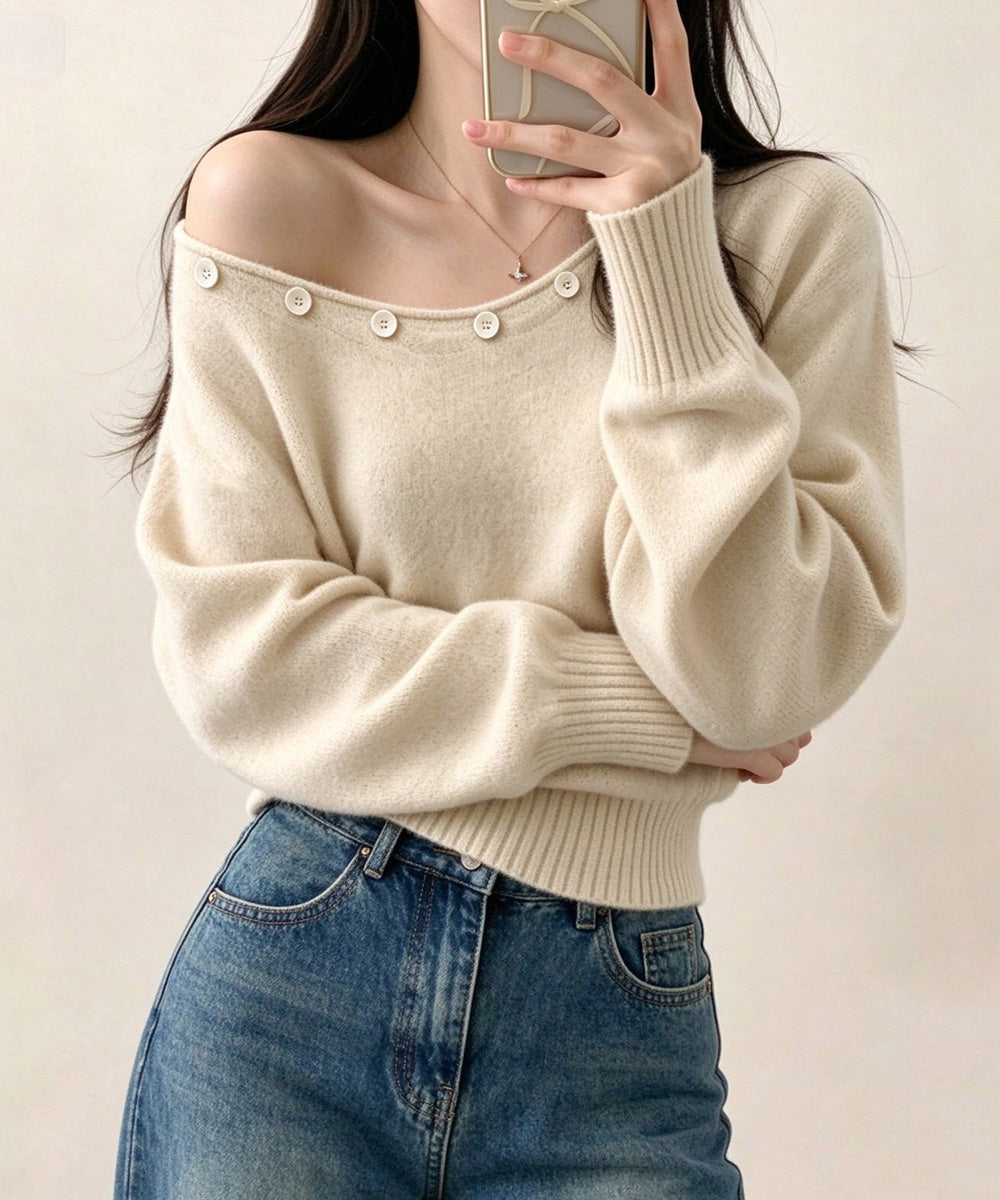 オフショルダー ニットトップス韓国風秋服