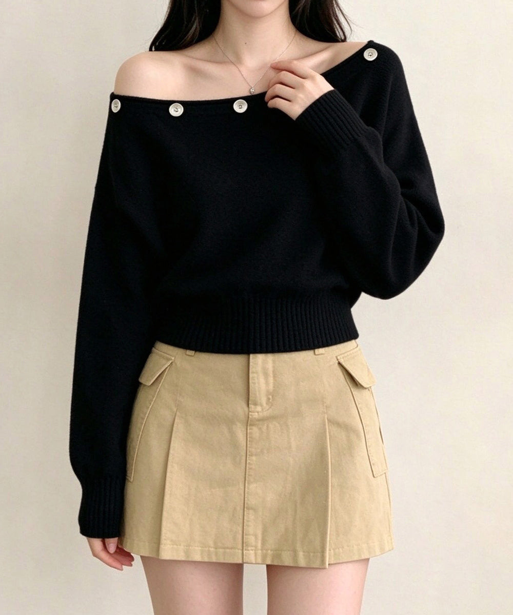 オフショルダー ニットトップス韓国風秋服