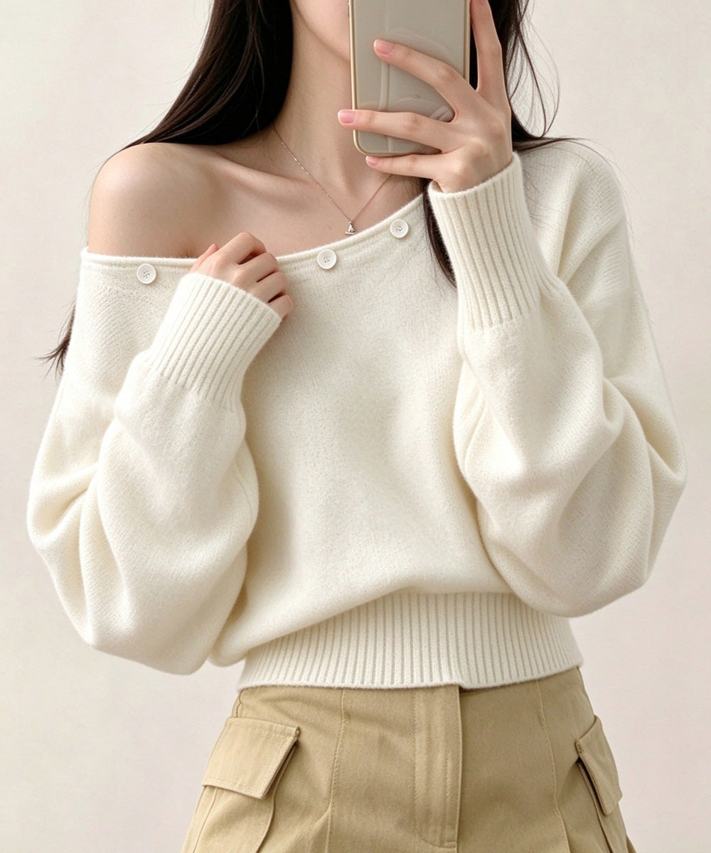 オフショルダー ニットトップス韓国風秋服