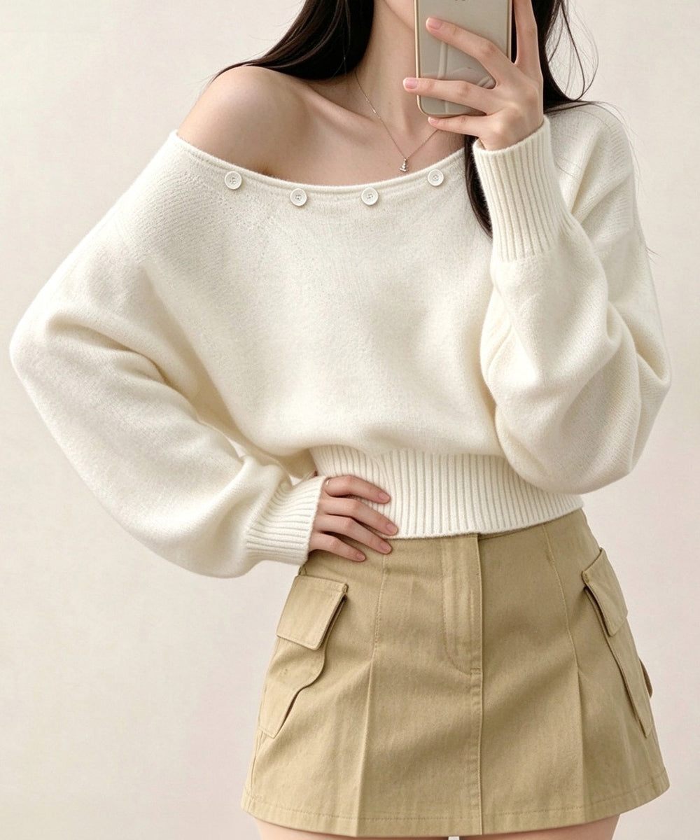 オフショルダー ニットトップス韓国風秋服