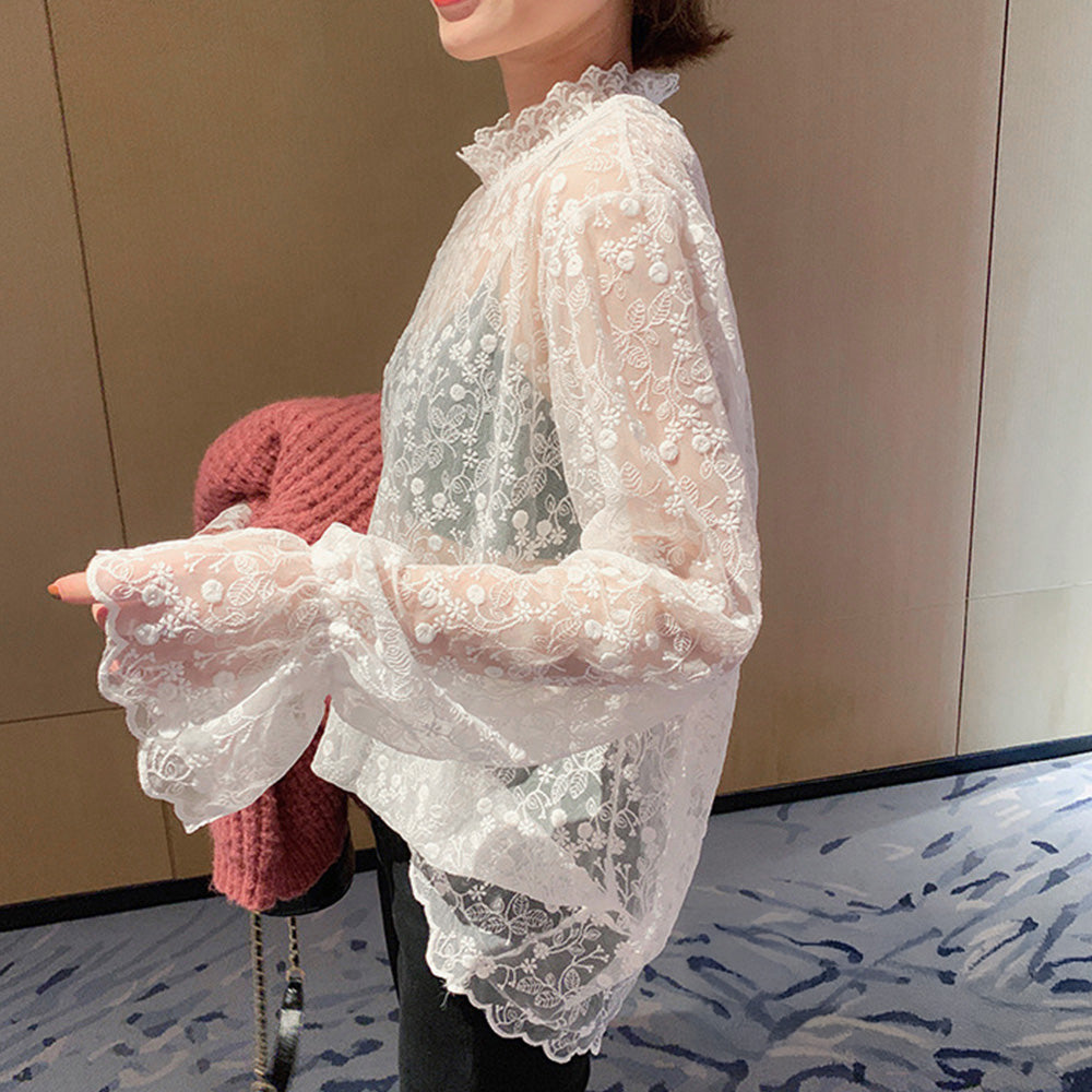花柄刺しゅうレースブラウス長袖レディース ホワイト