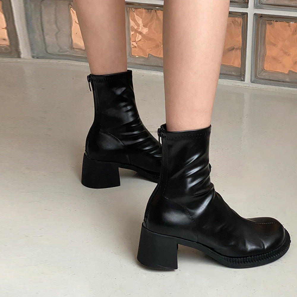 ストレッチブーツ チャンキーヒール 美脚 ブラック