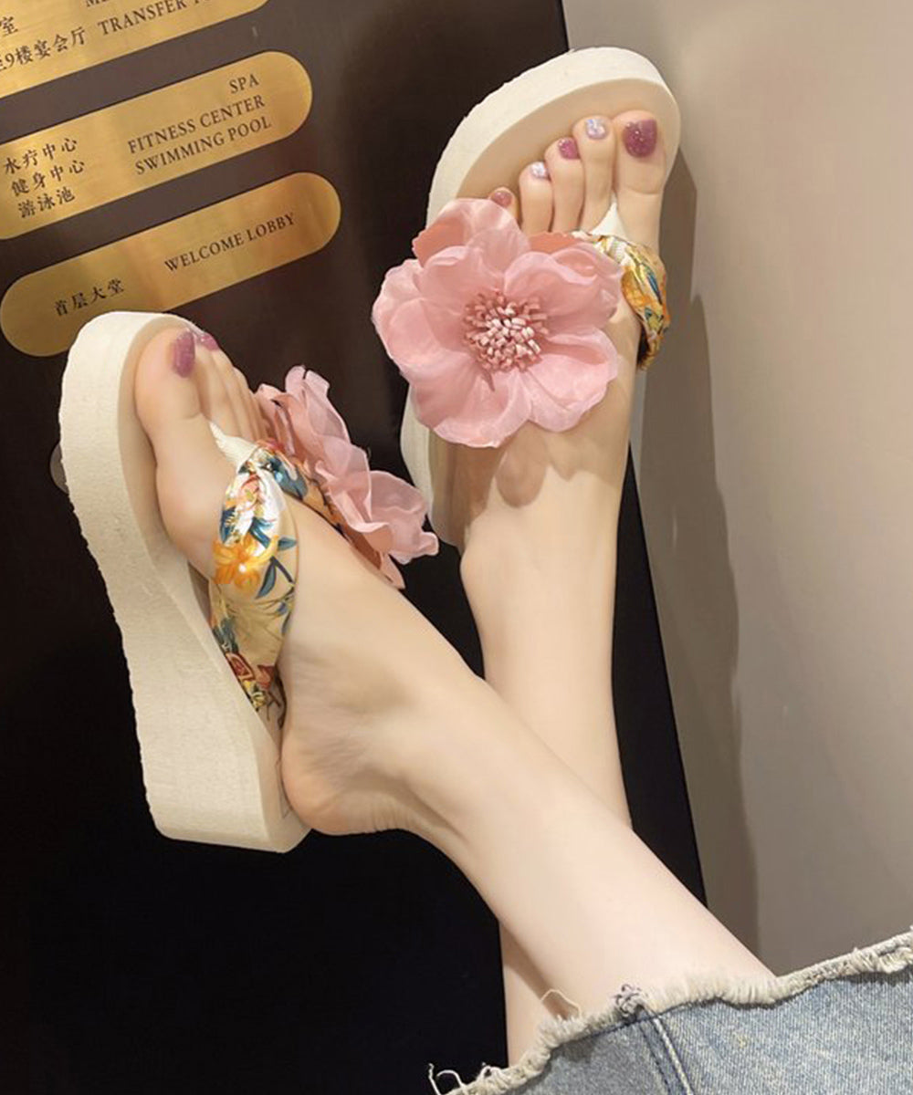ビーチサンダル 花飾りトングサンダル厚底 ピンク