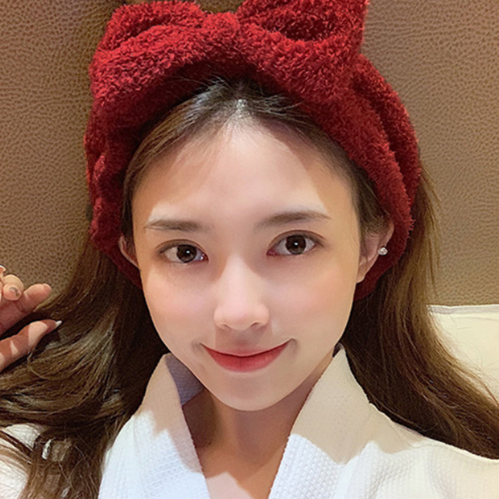 ふわふわ ヘアバンド 洗顔 リボン ワインレッド