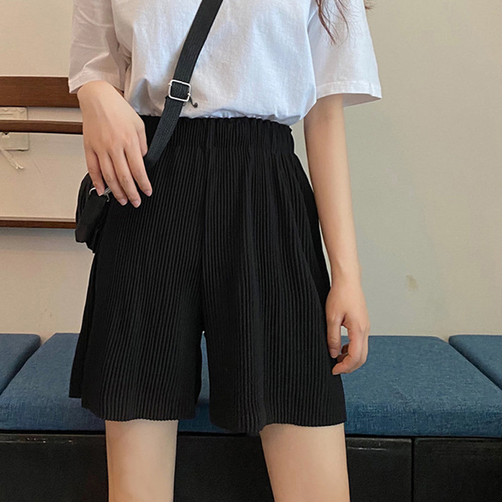 プリーツパンツ ショート ワイドパンツ ブラック