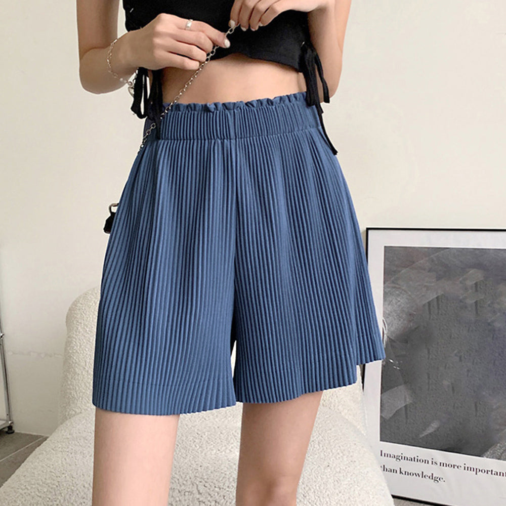 プリーツパンツ ショート ワイドパンツ スモーキーブルー