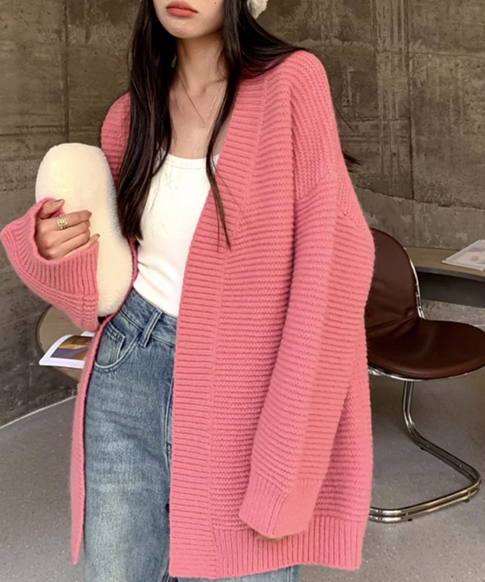 ニットカーディガン 中厚手レディース韓国 チェリーピンク