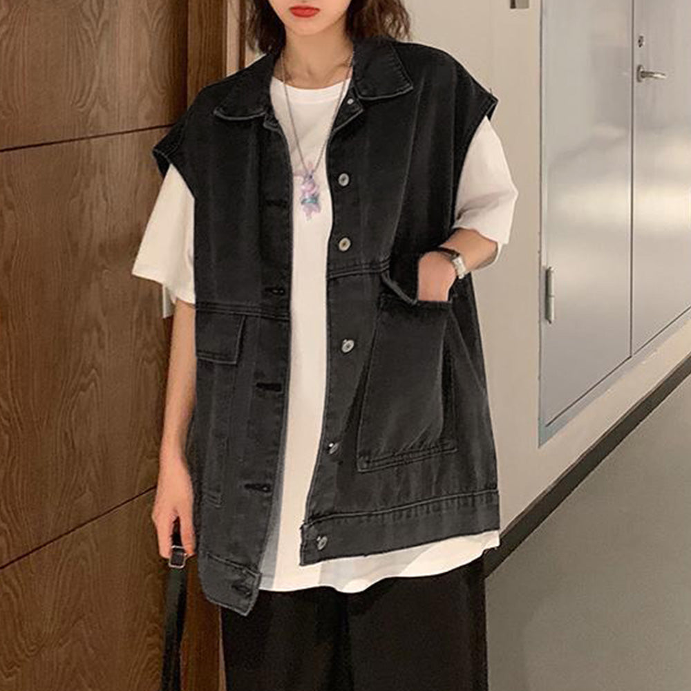 デニムベスト ジレ レディース 重ね着 チャコールブラック