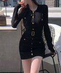 ミニニットワンピース ゴールドボタン上品 レディース セクシーリブミニワンピ膝上丈 タイトワンピースウエストマーク クールネック セータードレスパーティー 韓国風 86LJIAR-001