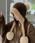 ポンポン付き もこもこニット帽子あったか レディース 柔らか帽子 耳あて付き秋冬ハット 暖かい防寒ボア帽子 小顔 ふわふわニットキャップ ボリューム可愛い 韓国風 86LMXK-001