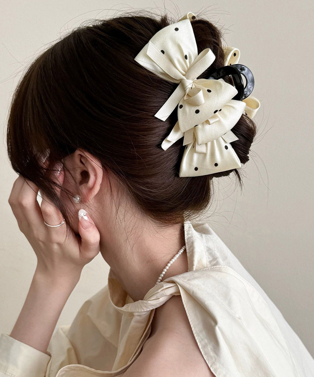 ヘアクリップドット柄リボンバンスクリップ レディース ビッグリボンヘアアクセサリー フェミニン髪留め 大人可愛い髪飾り 軽量 ヘアアレンジ簡単 まとめ髪上品韓国風 86LXXUAN-001