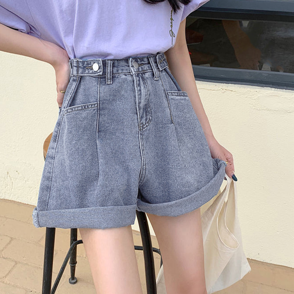 ロールアップ デニムショートパンツ 美脚 サックス