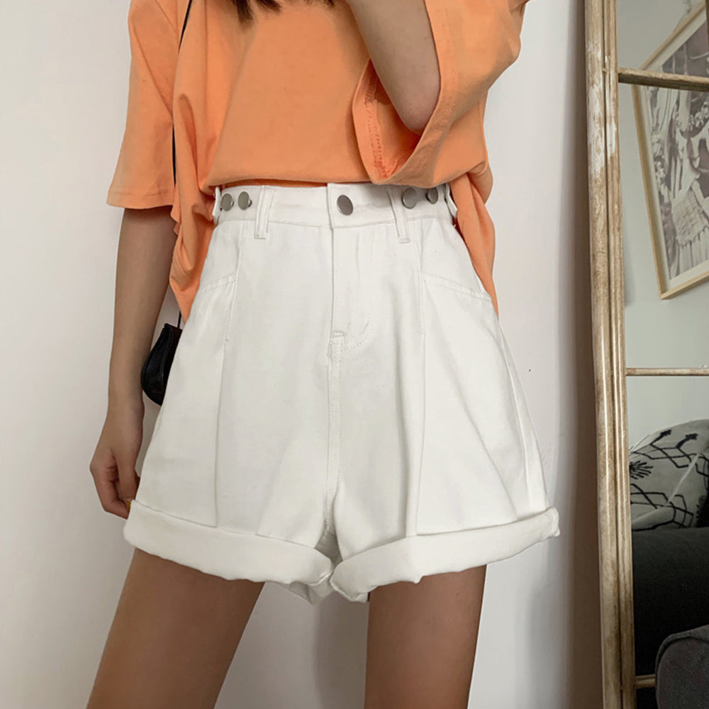 ロールアップ デニムショートパンツ 美脚 ホワイト