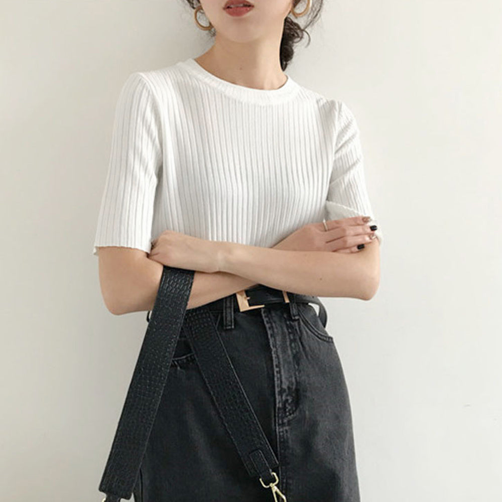 5分袖リブニット夏服トップス レディース クルーネック*ホワイト
