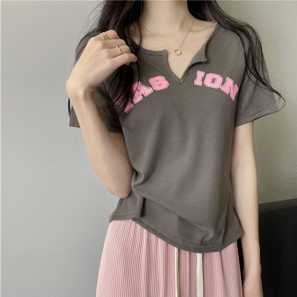 サマー ニットtシャツ レディース 韓国 グレーモカ