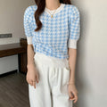チドリ柄サマーニット レディース夏服半袖 ブルー
