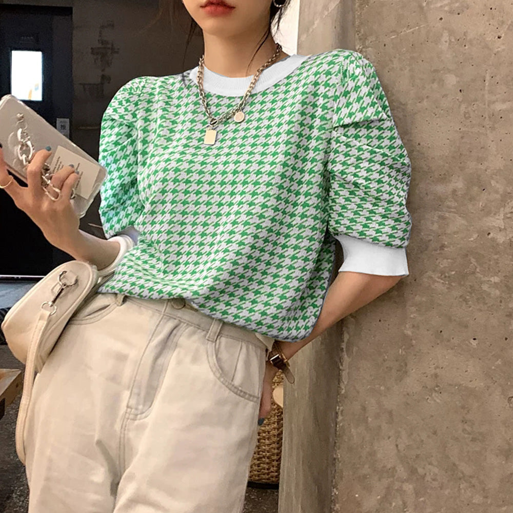 チドリ柄サマーニット レディース夏服半袖 グリーン