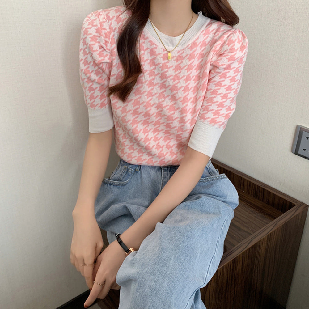 チドリ柄サマーニット レディース夏服半袖 ピンク