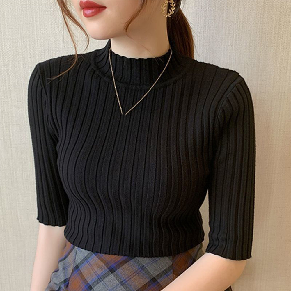 リブニットトップス レディース半袖春秋夏 ブラック