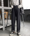 ハイウエストデニムパンツ ウエストボタン 定番デニム ストレートパンツ ウエスト調節可 セミワイドデニム 着やせパンツ 美脚脚長ボトムス 韓国風ジーパン 春夏秋冬 86XANYT-077