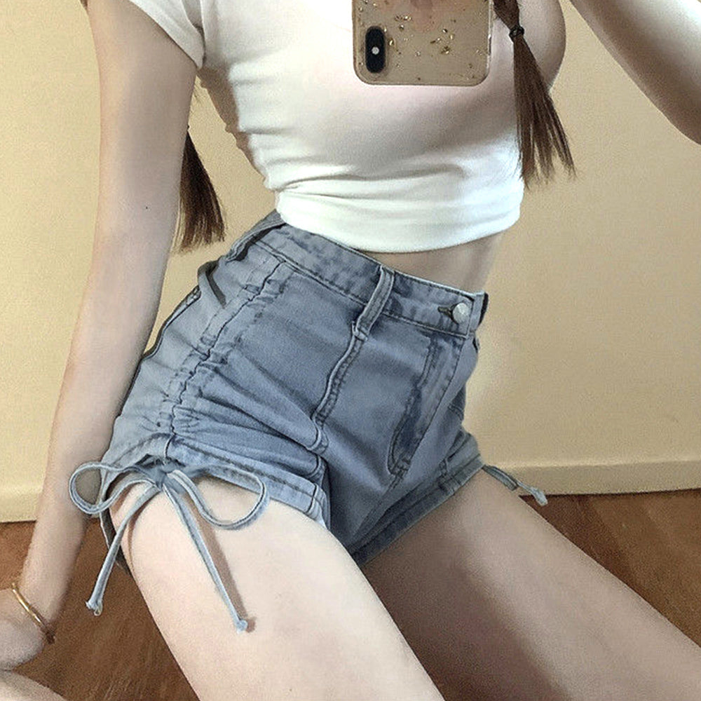 ドロスト デニムショートパンツ 夏 美脚 サックス
