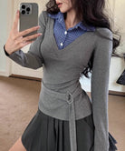 チェック襟レイヤード風トップス韓国風秋服