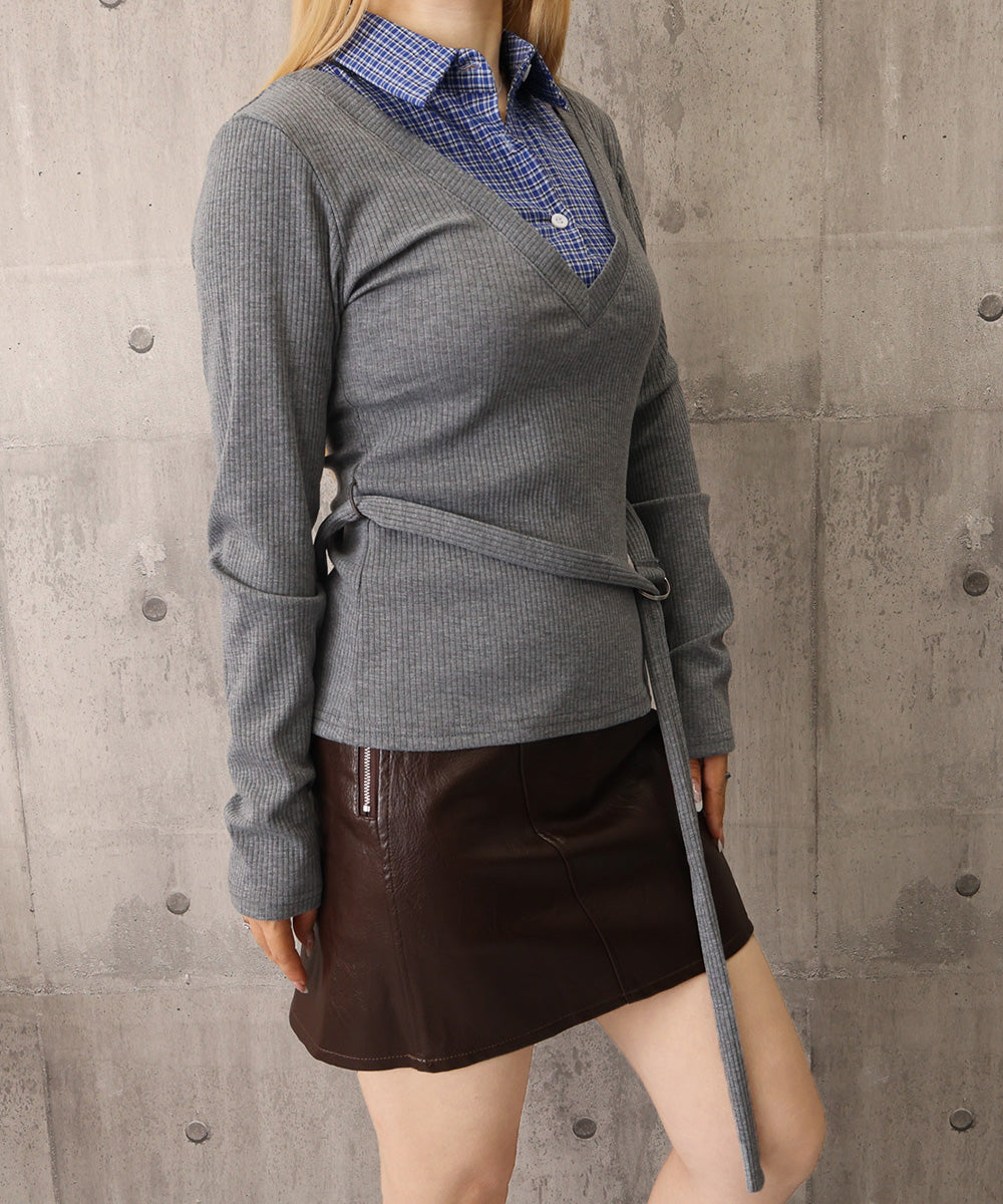 チェック襟レイヤード風トップス韓国風秋服