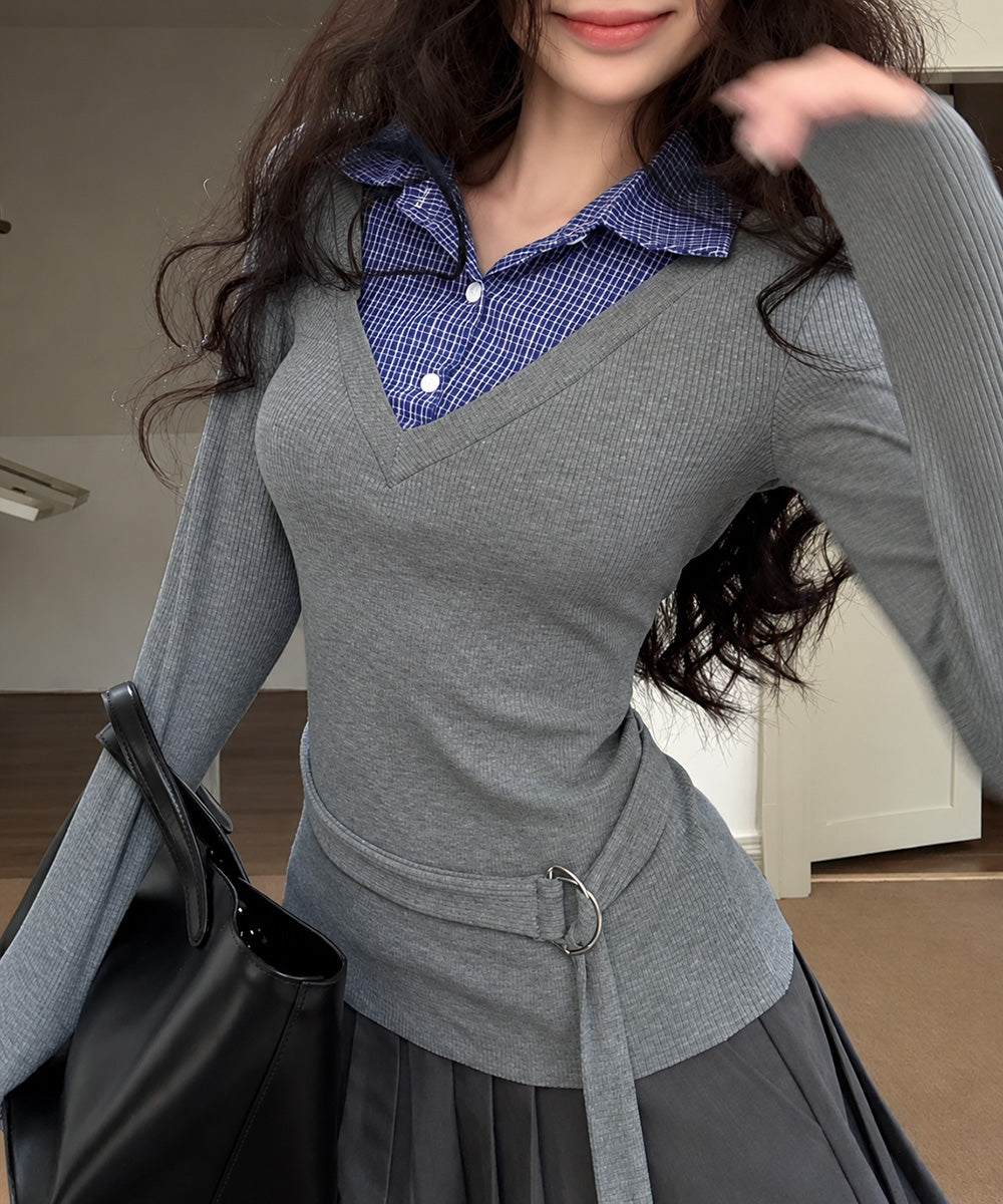 チェック襟レイヤード風トップス韓国風秋服
