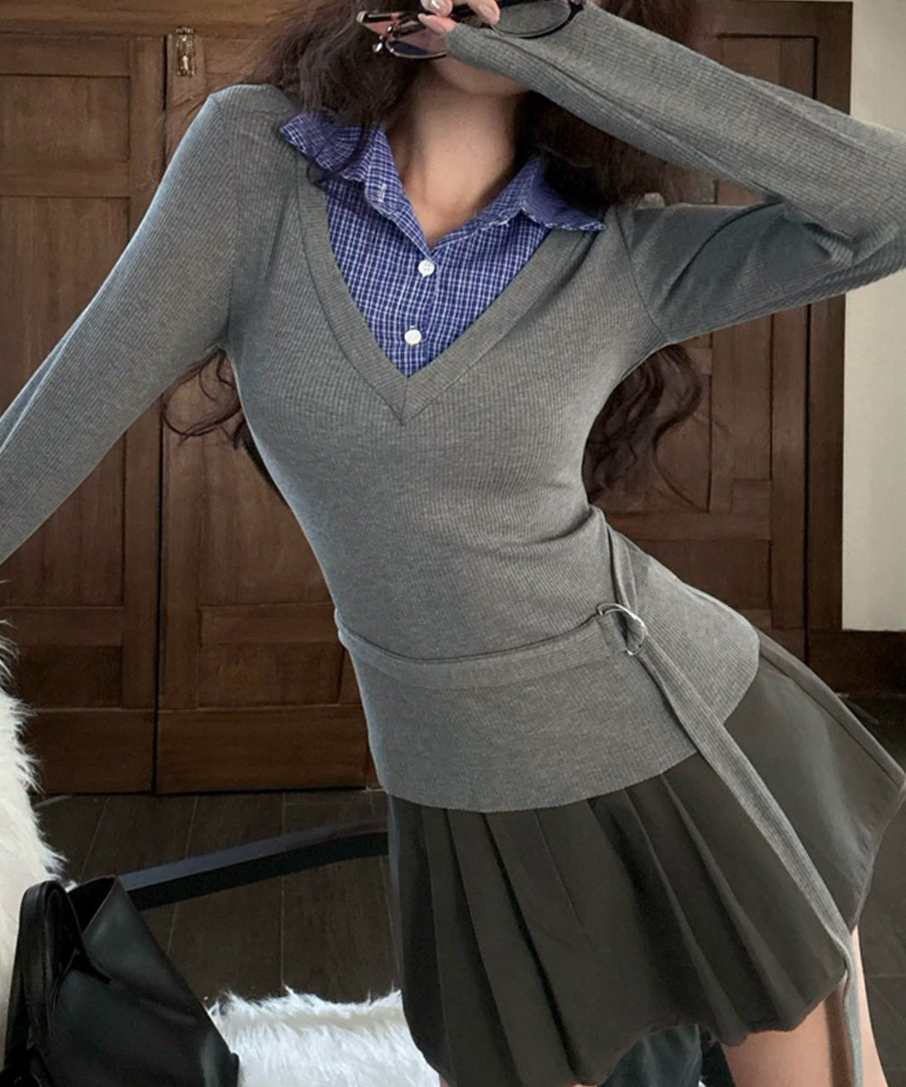 チェック襟レイヤード風トップス韓国風秋服