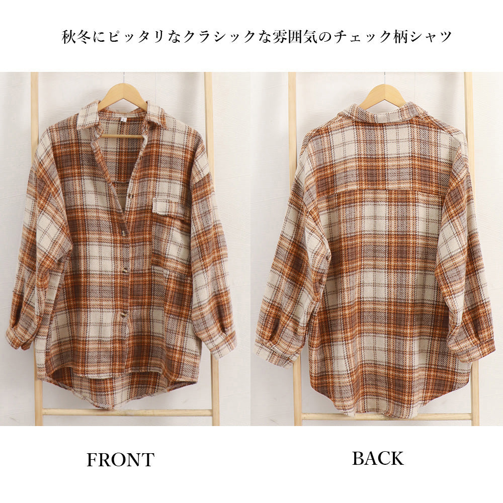 チェック柄シャツ 起毛シャツブラウス韓国 詳細画像3