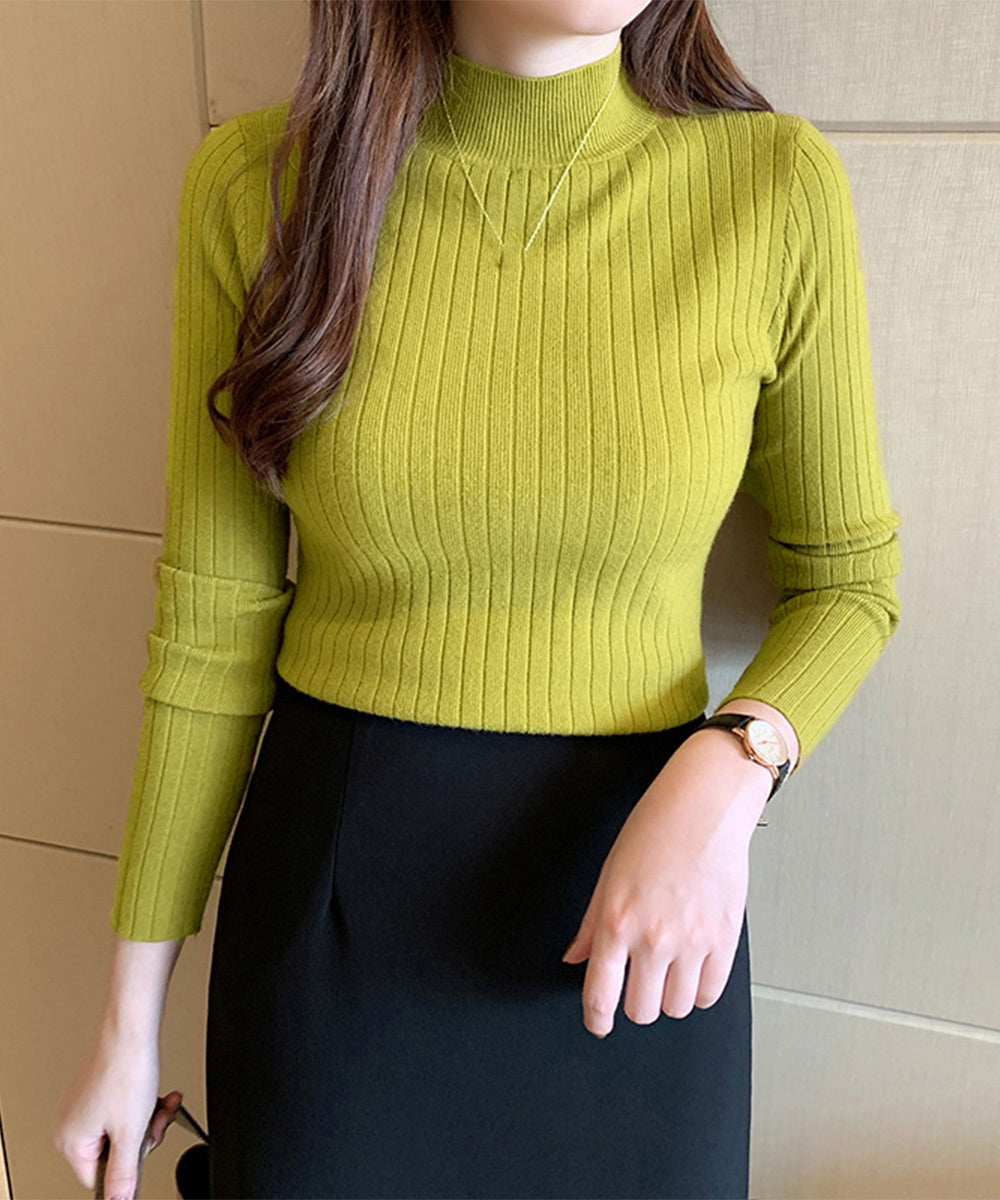 韓国リブニットトップス ハイネック 長袖 イエローグリーン