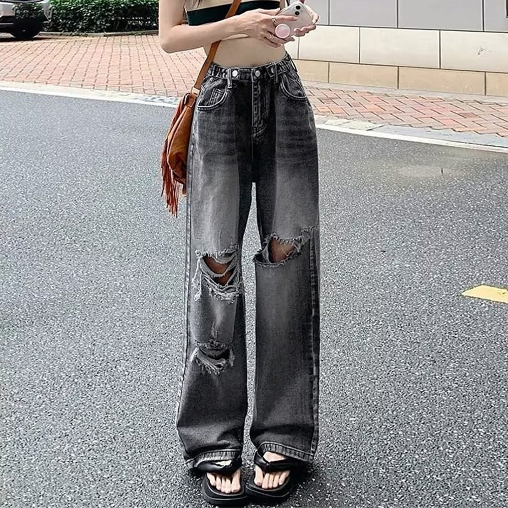 ダメージジーンズ レディースデニムパンツ チャコールブラック