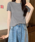 リブニットトップスサマーニット半袖春夏服 クルーネックニット レディース きれいめトップス ラウンドネックニットTシャツ 無地シンプル カジュアルニットカットソー 87CHXN-015