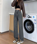 ハイウエスト デニムパンツ ダブルボタン ストレートデニム レディースジーンズ 韓国風ウォッシュデニム 美脚脚長カジュアルパンツお洒落 セミワイドジーパン春夏秋冬 87DKFSH-007