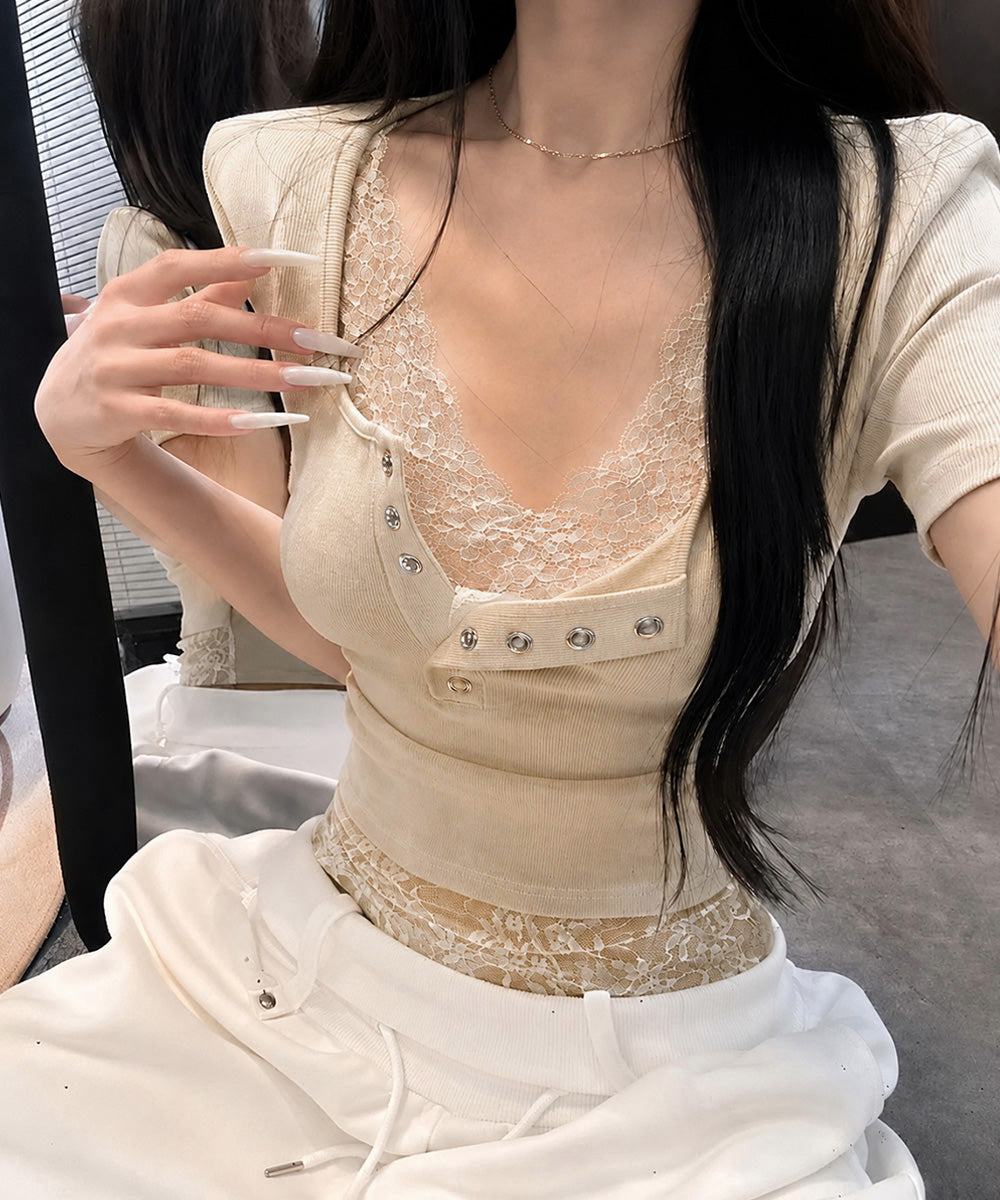 ヘンリーネックＴシャツ レースレイヤード シアレース切替リブトップス 半袖タイトＴレディース ドッキングTシャツ 着やせ細見え 韓国風サマートップス 大人可愛い 87JIALI-001