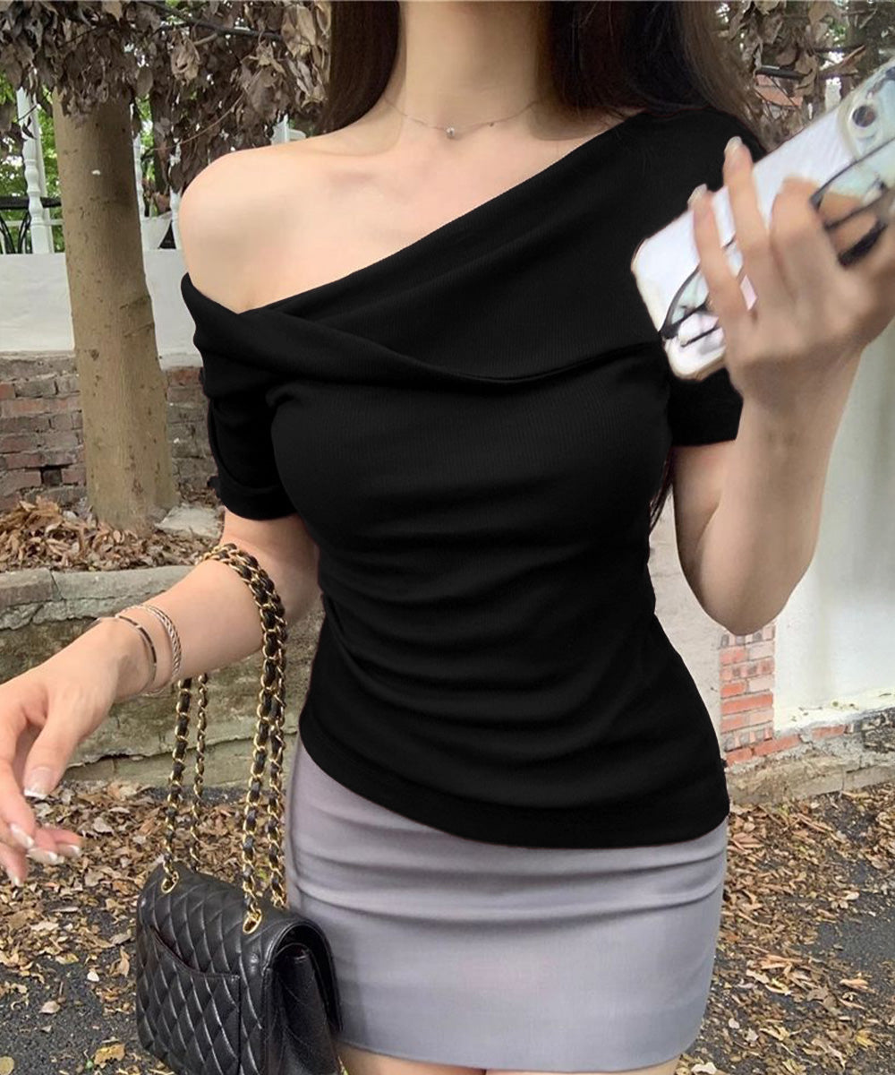 片方オフショルtシャツ レディース 半袖 ワンショルダートップスきれいめ 韓国風 ツイストTシャツ お洒落 シンプルカットソー無地 肩見せトップス フェミニン夏服 87MJQ-001