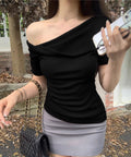 片方オフショルtシャツ レディース 半袖 ワンショルダートップスきれいめ 韓国風 ツイストTシャツ お洒落 シンプルカットソー無地 肩見せトップス フェミニン夏服 87MJQ-001