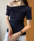 片方オフショルtシャツ レディース 半袖 ワンショルダートップスきれいめ 韓国風 ツイストTシャツ お洒落 シンプルカットソー無地 肩見せトップス フェミニン夏服 87MJQ-001