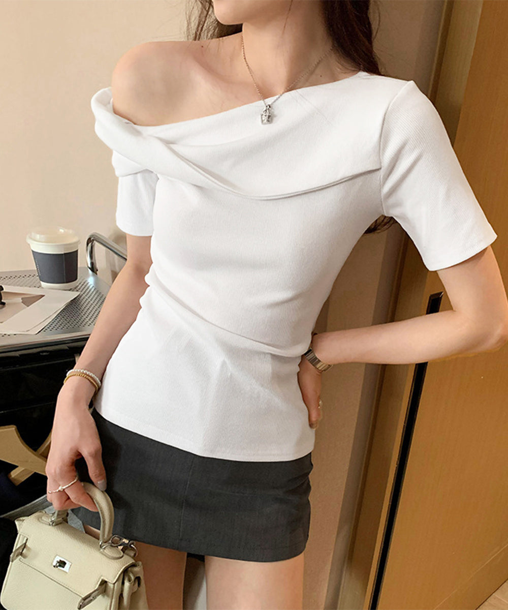 片方オフショルtシャツ レディース 半袖 ワンショルダートップスきれいめ 韓国風 ツイストTシャツ お洒落 シンプルカットソー無地 肩見せトップス フェミニン夏服 87MJQ-001