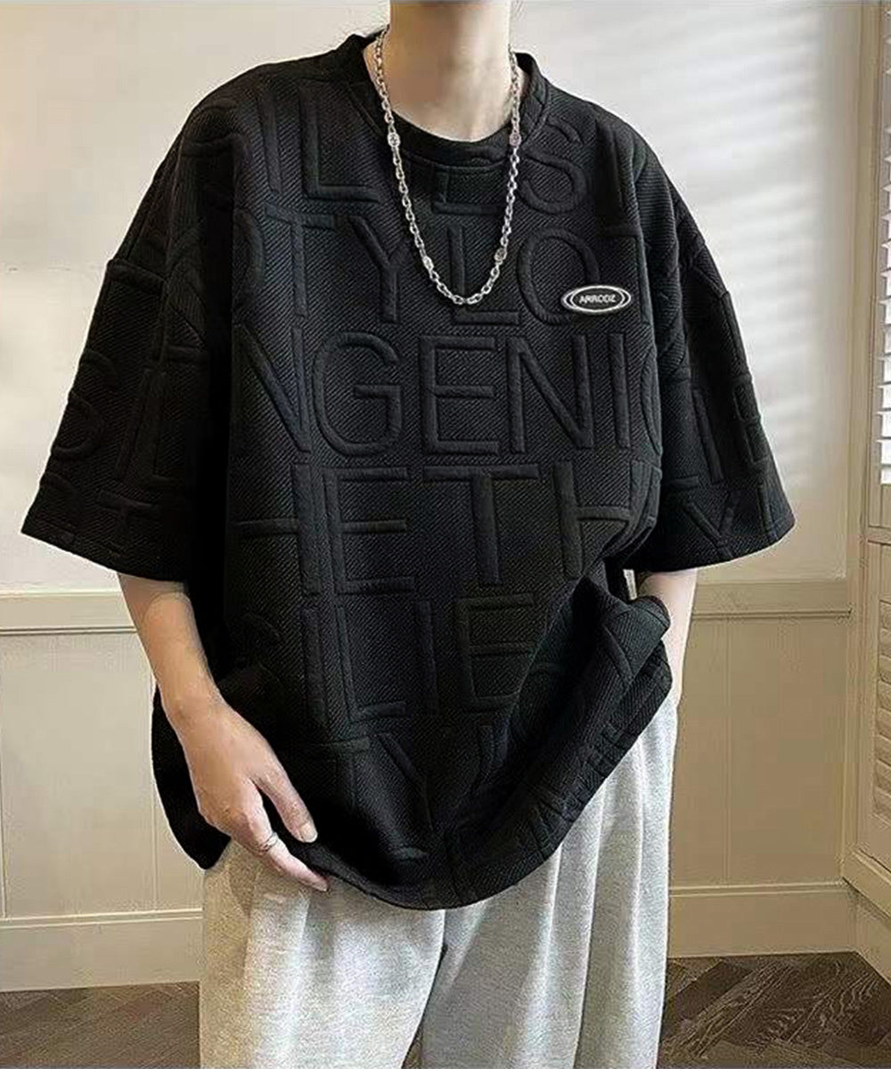 エンボス加工ロゴtシャツ メンズ 韓国風 ブラック