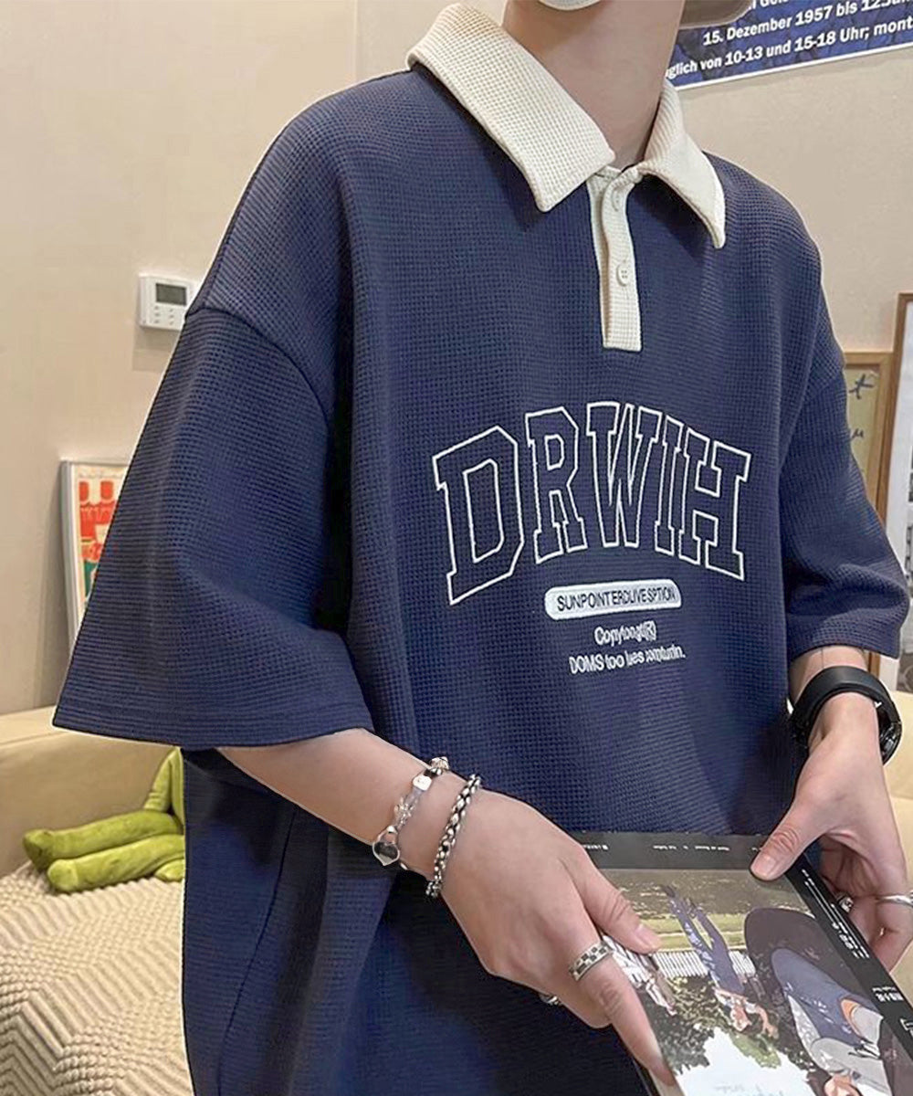 ワッフルロンt メンズ ポロシャツ 半袖 ネイビー