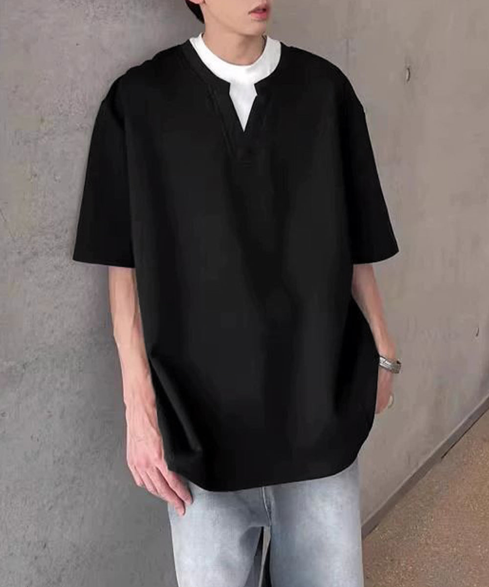 半袖Tシャツ メンズ 重ね着風カットソー スキッパーTシャツ クルーネック夏服 カジュアル 無地tシャツ 夏t レイヤード風プルオーバー おしゃれサマーtシャツ黒 87MP-005