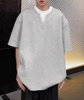 半袖Tシャツ メンズ 重ね着風カットソー スキッパーTシャツ クルーネック夏服 カジュアル 無地tシャツ 夏t レイヤード風プルオーバー おしゃれサマーtシャツ黒 87MP-005