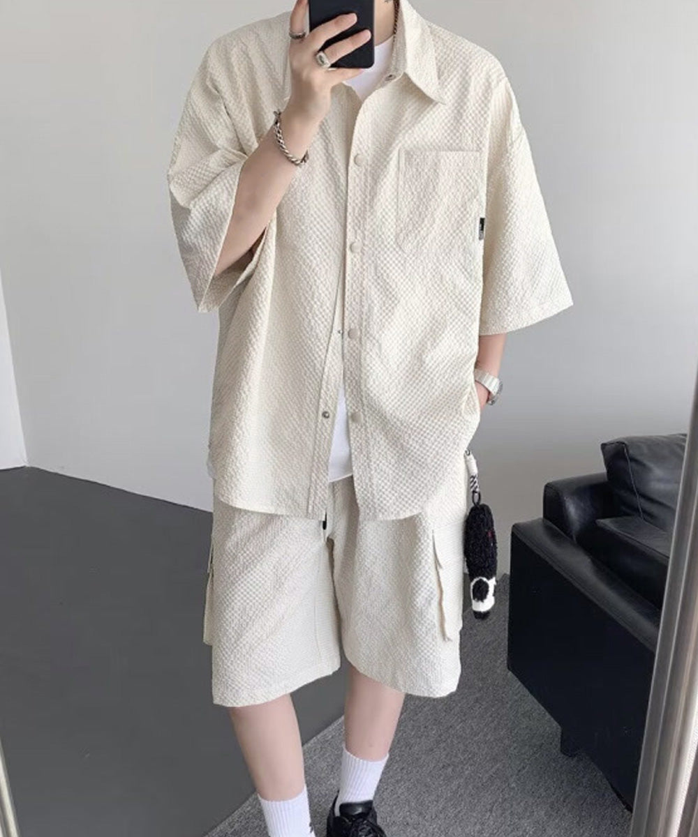 メンズセットアップ半袖シャツハーフパンツ 涼しいシアサッカー五分袖トップス カーゴショートパンツ半ズボン春夏 かっこいい夏服メンズ大人おしゃれ 韓国風ファッション 87MP-008