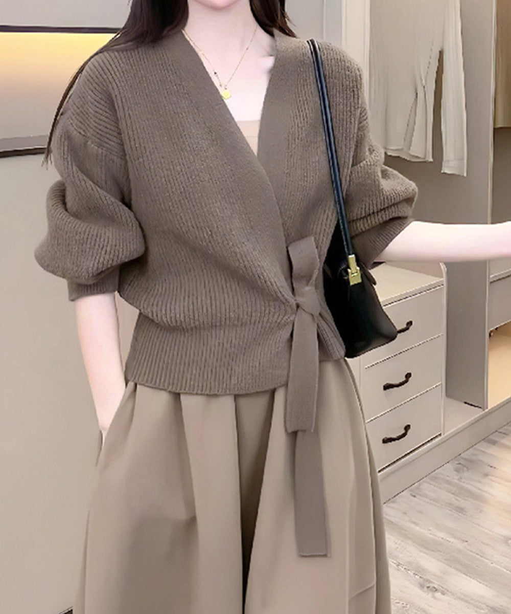 ニットトップス カシュクールニット 韓国 vネックニットセーター おしゃれ レディース きれいめ ドロップショルダーニット ウエストマークトップス エレガント秋冬 87MRJ-011
