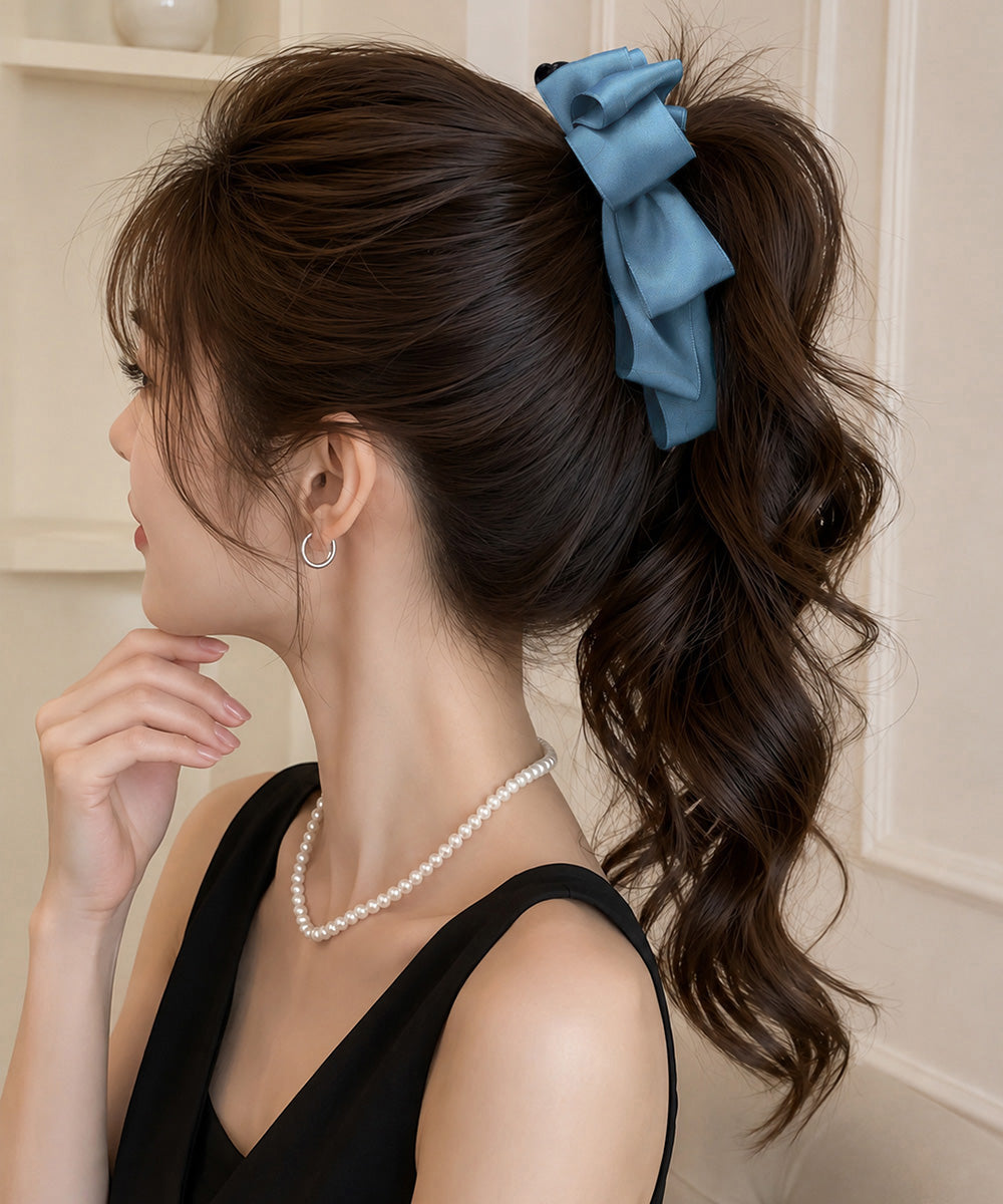 バナナクリップ ビッグリボンヘアクリップ 上品サテンリボンヘアアクセサリー 大人可愛い華やか髪留めバレエコア きれいめまとめ髪大人フェミニンしっかり留まるクリップ 87XIANING-001