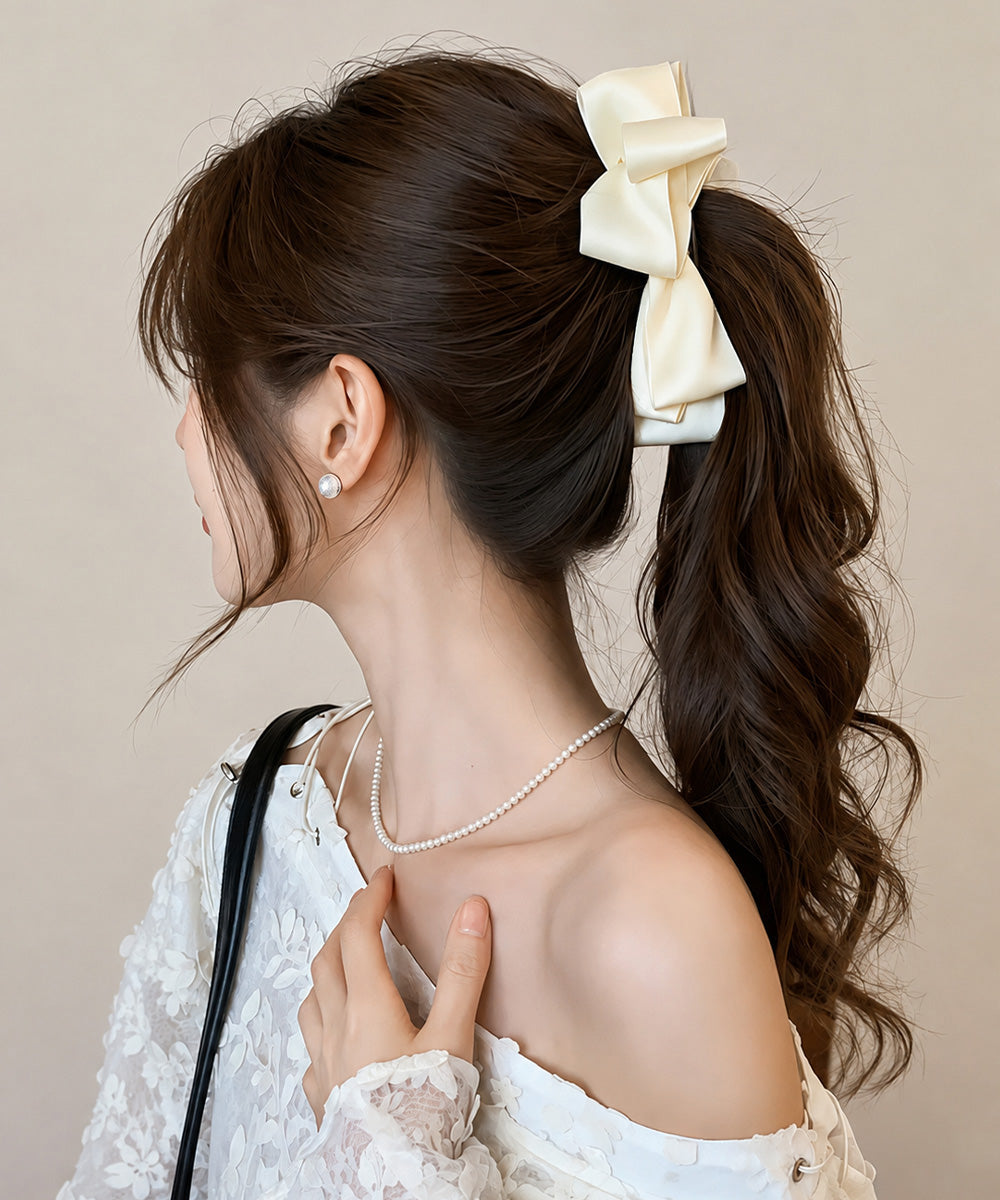 バナナクリップ ビッグリボンヘアクリップ 上品サテンリボンヘアアクセサリー 大人可愛い華やか髪留めバレエコア きれいめまとめ髪大人フェミニンしっかり留まるクリップ 87XIANING-001