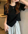 アシンメトリーTシャツ半袖クルーネックt ウエストタックtシャツレディース カジュアルトップス春夏 シンプルカットソー無地 ショート丈 大人可愛いtシャツ お洒落 87XIYIN-001