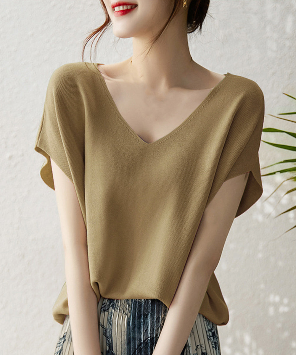 ニットトップス レディース 韓国春秋夏服 フレンチスリーブ ニットソー 体型カバー vネック 冷感タッチ 半袖 サマーニット きれいめ オフィスカジュアル 着やせ 87XYZ-001